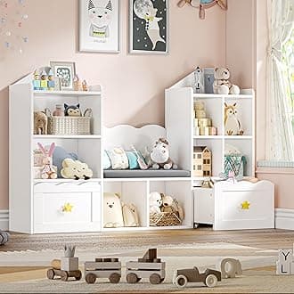 FACBOTALL Kids Bookshelf with Reading Nook, Kids Bookcase with Soft Cushion Seat, 2 Wheels Drawers and 8 Storage Cubbies, Toy Storage Organizer for Kid's Room Playroom, Bedroom, School, White