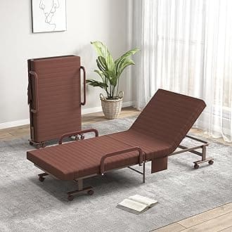Giantex Folding Bed With Mattress, Portable Guest Bed With Adjustable 6 Position & Side Storage Pocket, Foldable on Wheels for Home, Roll Away for Adults, Brown