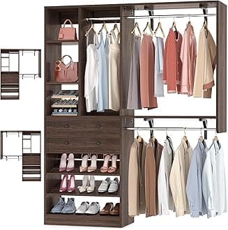 Closet System - 5FT Small Closet System with Drawers, 60" Closet Organizer System with Reversible Hanging Shelving, Closet Systems for Small/Walk-in Closets, Black Walnut