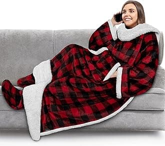Sherpa Blanket with Sleeves and Foot Pocket Women Men Adults, Fleece Wearable Blanket Sleeved Throw Wrap, Hug Sleep Pod Snuggle Blanket Robe, Cozy Ideas Wife Mom, Checkered Red