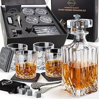 Lighten Life Whiskey Decanter and Glass Set,Whiskey Decanter Set with 12 Cooling Whiskey Stones,4 Slate Coasters and Tong,Premium Bourbon Decanter Set in Gift Box,Crystal Liquor Decanter Set for Men