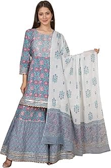 MEERA FABWomen Cotton Festive Embrodriery Printed Kurta With Sharara & Dupatta