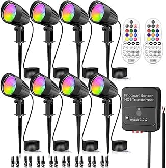 Halloween Landscape Lighting Low Voltage RGB Multi-Color Outdoor Spotlight Landscape Yard Lawn Light Kit Decorative Photocell Sensor Color Changing Remote Control for Pathway Garden Tree 15W 8 Pack