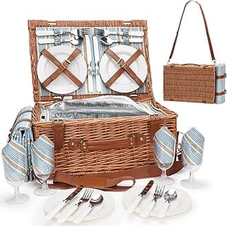 Picnic Basket Set for 4 Persons - Picnic Baskets with Large Insulated Cooler Compartment, Adjustable Shoulder Strap, Willow Hamper and Waterproof Blanket Set with Cutlery Service Kit