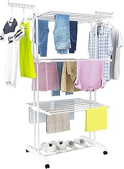 HOMIDEC Large 4-Tier Foldable Clothes Drying Rack (67.7H x 19.7W x 30L Inches), Movable With 4 Castors, Multifunctional Stainless Steel Laundry Rack, White