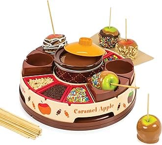 Nostalgia Lazy Susan Chocolate & Caramel Apple Party with Heated Fondue Pot, 25 Sticks, Decorating and Toppings Trays, Brown