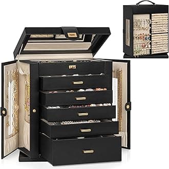 AKOZLIN Jewelry Box 6-Tier Organizer Functional 360° Rotating Jewelry Storage Case for Women Girls Ring Necklace Earring Bracelet Holder with Mirror