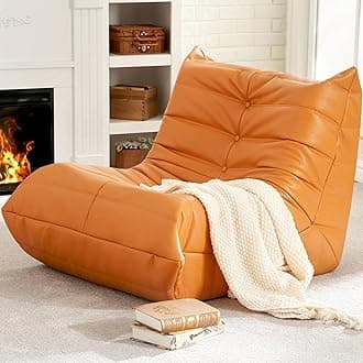 Giant Bean Bag Chair Lazy Floor Sofa, Memory Foam Fireside Sofa for Adults, Big Beanbag Faux Leather Armless Chair for Living Room Bedroom Dorm Office (Orange, Single)