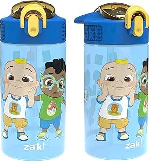 CoComelon Kids Water Bottle with Spout Cover and Built-In Carrying Loop, Durable Plastic, Leak-Proof Water Bottle Design for Travel (16 oz, 2-Pack, Non-BPA)