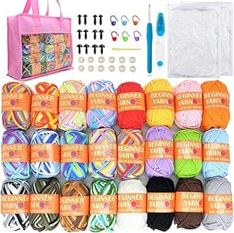 24 Pack Beginners Crochet Yarn Rainbow Cotton Crochet Yarn for Crocheting Knitting Beginners with Easy-to-See Stitches Easy Beginner Crochet Kit-24x25g（with Storage Bag）