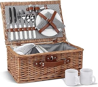 ZORMY Wicker Picnic Basket for 2, Willow Hamper Basket Sets with Insulated Compartment, Handmade 2 Person Picnic Basket with Utensils Cutlery Perfect for Picnic, Camping (Grey Stripe A)
