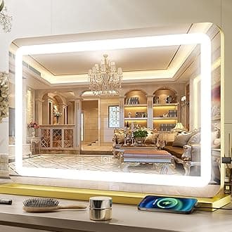 Large Vanity Mirror with Lights 32"x22", Lighted Makeup Mirror, Wall-mounted Hollywood Vanity Mirrors, Touch Sensor, 3-Color Lighting, 5X Magnification, USB Port for Vanity Desk Tabletop, Salon, Gold