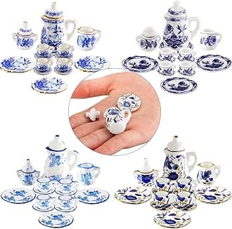Skylety 60-Piece 1:12 Scale Miniature Porcelain Tea Cup Set - Blue, Red; Vintage, Patterned; Dollhouse Decor
