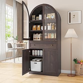 71" Tall Arched Kitchen Pantry Cabinet with Glass Doors, Modern Kitchen Storage Cabinets with Adjustable Shelves and Drawer, Wooden Storage Pantry Cabinet for Living Room, Dining Room, Walnut Brown