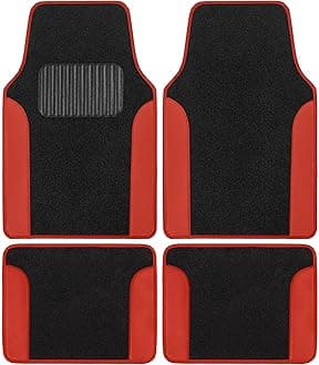 BDK Carpet Floor Mats for Cars, Two-Tone Carpet Car Mat with Faux Leather Accents, Automotive Floor Mat Sets with Built-in Heel Pad, Stylish Interior Car Accessories Red