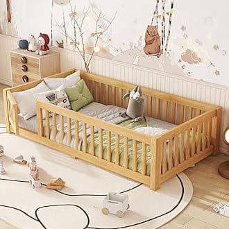 Twin Size Floor Bed with Door and Fence for Kids, Montessori Floor Bed with Slats and Safety Guardrails,Solid Wood Twin Bed Frame for Girls Boys(Twin,Natural)