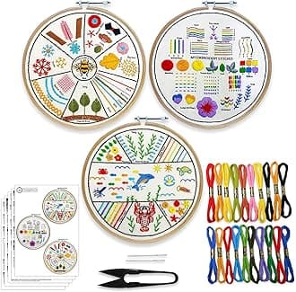 - Embroiderymaterial Pack of 3 DIY Cross Stitch Embroidery Kit for Beginners – “Learn to Stitch Kit” | Printed Fabric, Threads, Hoop, Needles & Step-by-Step Guide | Ideal for Practice, Learning & Hobby