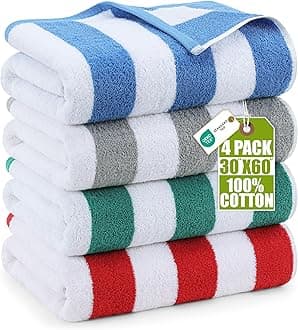 Utopia Towels Pack of 4 Cabana Beach Towels, Oversized 30 x 60 Inches Cotton Beach Towel Set, Smooth Ring Spun Texture for Pool and Swim Days, Modern Striped Design Bath Towels
