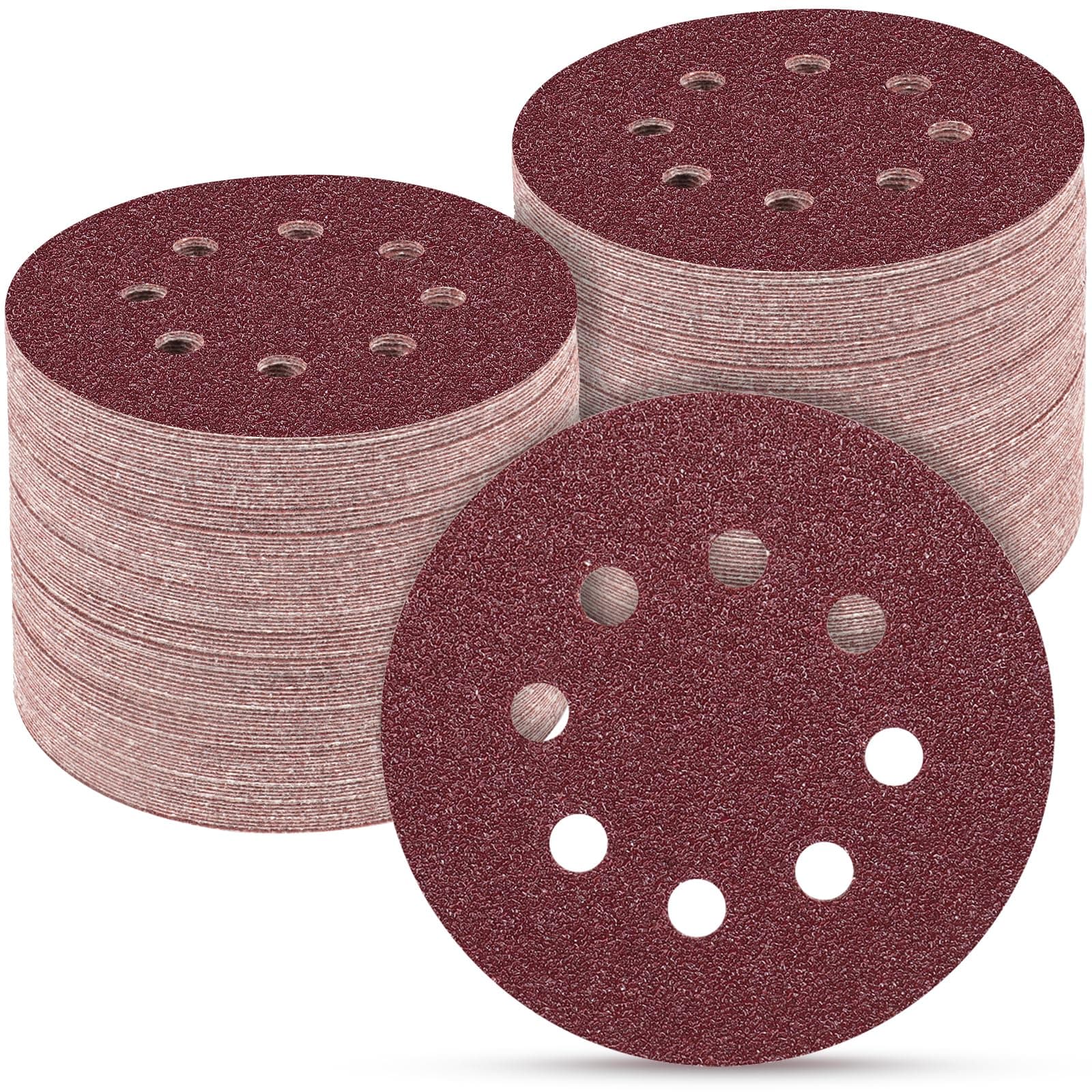 POTUINOM 5 Inch 8 Hole Sanding Discs, 100 PCS 40-Grit Hook and Loop Sandpaper, Round Alumina Orbital Sander Pads for Polishing, Grinding, Woodworking