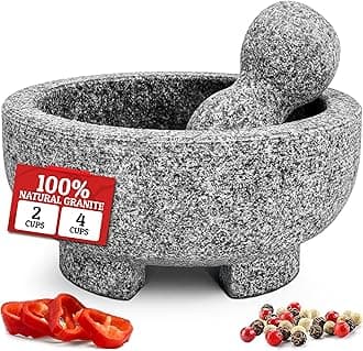 Granite Mortar and Pestle Set - 8 Inch Natural Stone Molcajete Mexicano for Spices, Seasonings, Pastes - Pestle and Mortar Bowl for Fresh Guacamole, Salsa, Pesto, Large, Grey