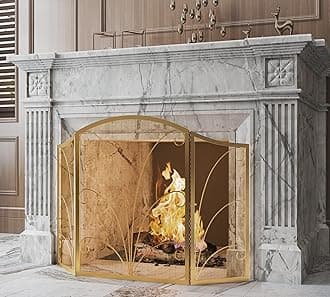 Kingson 3-Panel Arched Childproof Fireplace Screen Decorative, Handcrafted Scroll Wrought Iron Fireplace Spark Guard Cover-Gold