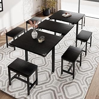iPormis 7-Piece Dining Table Set with 6 Stools, 63" Extendable Kitchen Table Set for 4-8, Modern Dining Room Table with Sturdy Metal Frame, Space-Saving Dinette, Black