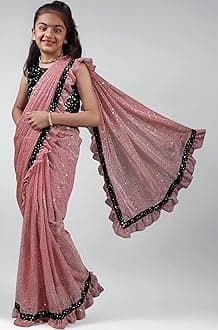 Kids Girls Lycra Blend Saree With Unstitched Sequence Blouse Piece (3-4 yrs to 11-12 yrs) (Pink, 3-4 Years - S)