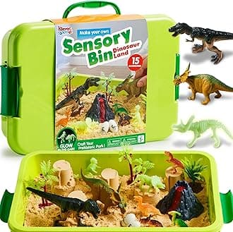 JOVA Klever Kits Dinosaurs Sensory Bin Toys for Toddlers with Glow in The Dark Dinosaurs, Sandbox with Lid Sand, Preschool Learning Activities Gifts for Boys Girls Age 3+