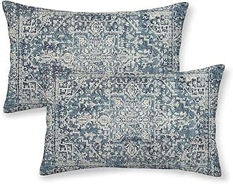 Boho Lumbar Pillow Covers 12x20 Set of 2, Blue Carpet Pattern Decorative Throw Pillows Linen Ethnic Design Farmhouse Cushion Pillow Covers for Sofa Couch Outdoor Decor