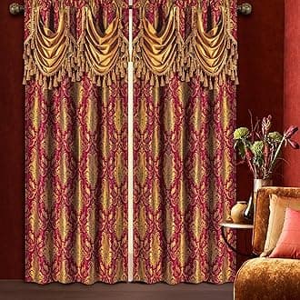 Luxury Red Damask Window Curtains with Attached Waterfall Valances and Tiebacks, Classic Jacquard Blackout Curtains 2 Panels for Bedroom Living Room, Rod Pocket(52”Wx 84”L, 2 Panels)