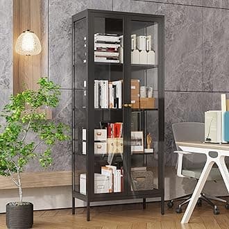 Display Cabinet with Glass Doors, Glass Display Cabinet 4-Tier,Curio Display Cabinet with Tempered Glass Doors,Metal Storage Cabinet for Bedroom, Living Room,Dining Room.Black
