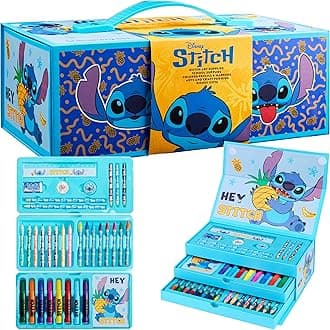 Disney Stitch Kids Colored Pencils Drawing Kit Art Set for Girls Boys Stationery with Notepad Crayons Markers Travel Case Gifts for Kids (Blue Stitch)