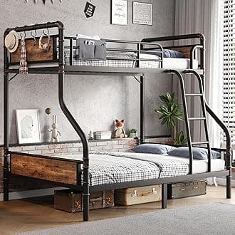 Metal Bunk Bed Twin Over Full, Industrial Bunkbeds Heavy Duty Bed with Safety Guard Rails and Space-Saving Design, Steel Bed for School, Bedroom (Vintage Brown)