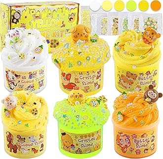 LAWOHO 6 Packs Gradient Yellow Slime Kit - Clear, Butter, Cloud & Fluffy Slimes for Kids with Charms & Animal Add-ins, Party Favors for Girls & Boys, 360ml Non-Stick