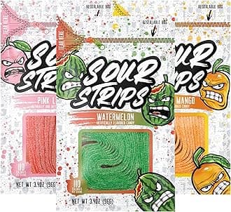 Flavored Sour Candy Strips, Deliciously Sour Chewable Candy Belts, Vegetarian Sweets, Pack of 3 (Tropical Sampler (Pack of 3))