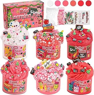 LAWOHO 6 Packs Learning Slime Kit, Red Slime Gifts for Kids, Cloud Butter Clear Slime Textures, Birthday Party Favors Goodie Bags Stuffer Anxiety Stress Relief Toys