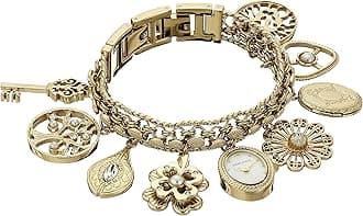Women's 10-8096CHRM Swarovski Crystal Accented Gold-Tone Charm Bracelet Watch