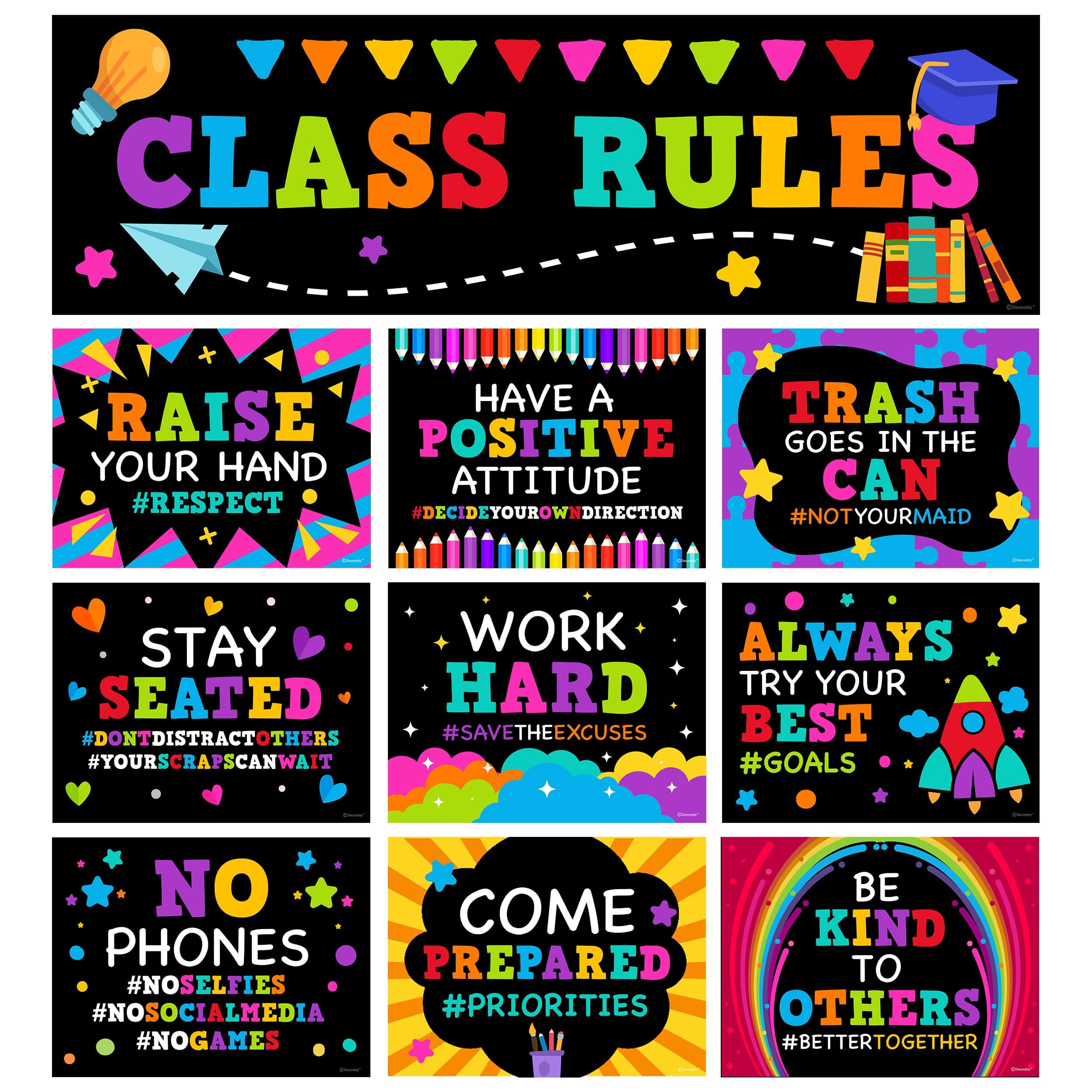 Decorably Class Rules Banner and Posters for Classroom, 10 Classroom Rules Poster Middle School, Class Rules Poster for Classroom, Rules for Classroom Rules Poster Elementary School
