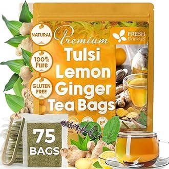 Premium 75 Tulsi Lemon Ginger Tea Bags, 100% Natural & Pure from Tulsi Holy Basil Leaves, Lemon and Ginger. Made with Natural Material Tea Bags. No Sugar, No Caffeine, Vegan.