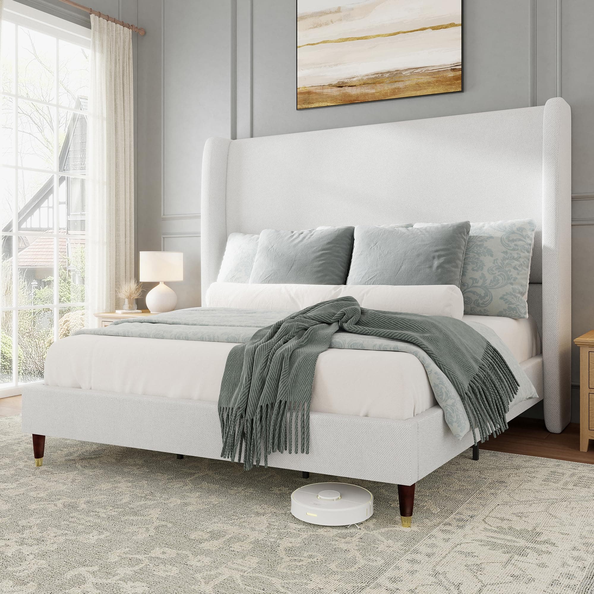 Queen Size Bed Frame 51.2" Wingback Headboard Linen Upholstered Platform Bed with Solid Wood Legs & Wooden Slats, No Box Spring Needed, Modern Minimalist Style, Easy Assembly, White