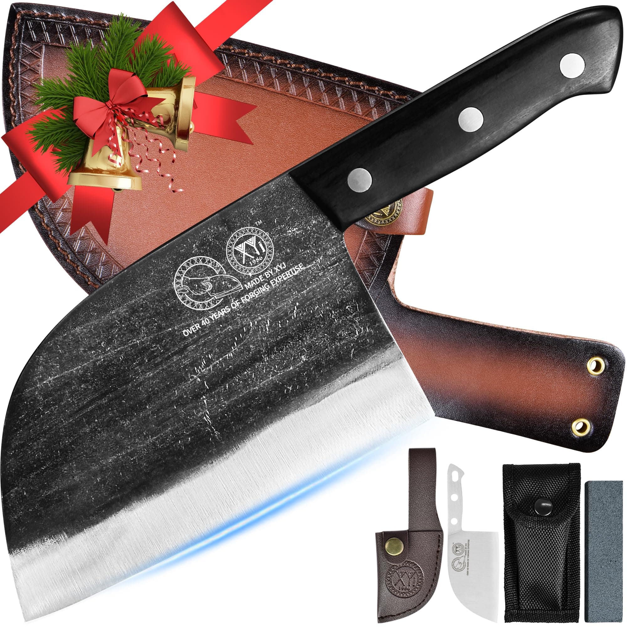 XYJ Authentic Since 1986,Outstanding Ancient Forging,6.7 Inch Full Tang,Serbian Chefs Knife,Chef Meat Cleaver,Kitchen Knives,Set with Leather Sheath,Take Carrying,Butcher,High Carbon Glad Steel