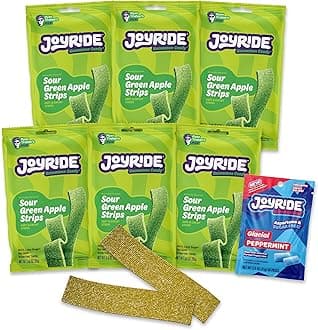JOYRIDE Green Apple Sour Strips - 3.5 oz 6-Pack Bundle with 2.5oz Glacial Peppermint Gum, Low Sugar, Sour Belt Candy, Dye Free, Low Calorie Snacks, Healthy Candy (7 Items)