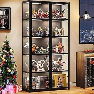 5 Tier Curio Display Cabinet, Display Cabinet with Acrylic Glass Door, Collectibles Toy Organizers Rack & Display Shelf, Kids Bookcase for Bedroom, Reading Nook, Toddler's Room, Bamboo