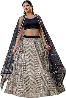 TRENDMALLS Black Georgette Embroidery Sequence Work Semi-Stitched Lehenga Choli with Net Dupatta For Women-L262-Black (Wedding-Party-Bridal-Latest-Lehenga-Choli_Free Size), Blacksilver