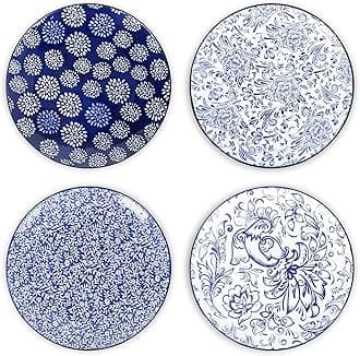 Salad Plates Set of 4, Embossed 8.5" Ceramic Dishes for Appetizer, Dessert, Pasta, Snacks - Microwave Dishwasher Safe, Blue