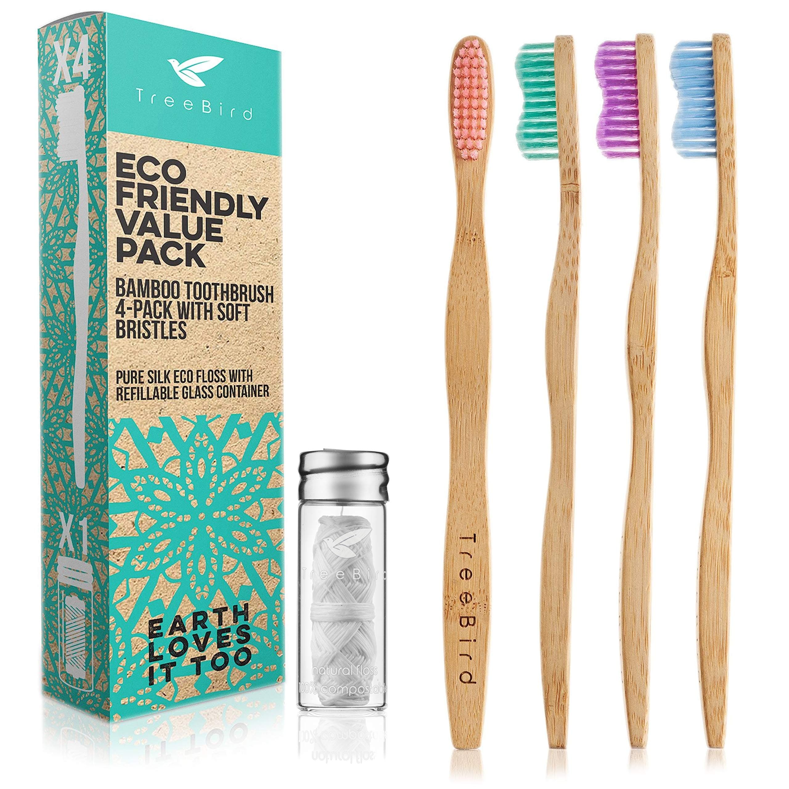 Bamboo Toothbrush 4-Pack & Compostable Silk Dental Floss with Refillable Glass Holder | Biodegradable Oral Care Set | Soft BPA-Free Bristles | Natural Eco-Friendly Gifts for Men & Women | Moso Handle