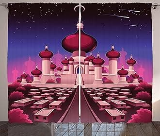 Ambesonne Fantasy Curtains, Castle at Night Oriental Palace Landscape Illustration, Living Room Bedroom Window Drapes 2 Panel Set, 108" X 63", Indigo Magenta Pink