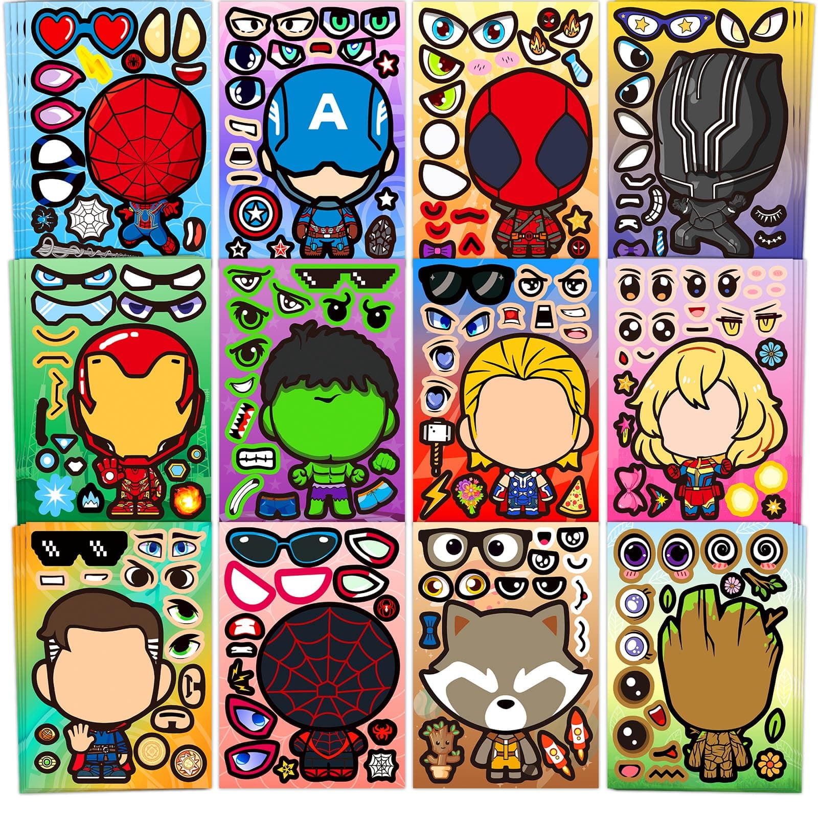 48 Sheets Make Your Own Stickers for Kids, DIY Make Superhero Face Stickers for Boys Girls, Party Favors Supplies Art Craft Family School Reward