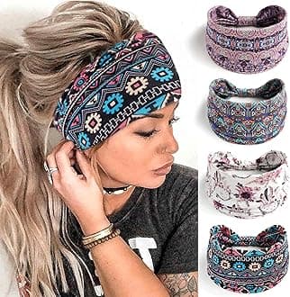 Boho Headbands for Women Chic Floral Printed Hairbands Wide Knotted Turban Elastic Yoga Running Workout Headband African Head Wraps Fashion Hair Accessories for Women Girls 4pcs