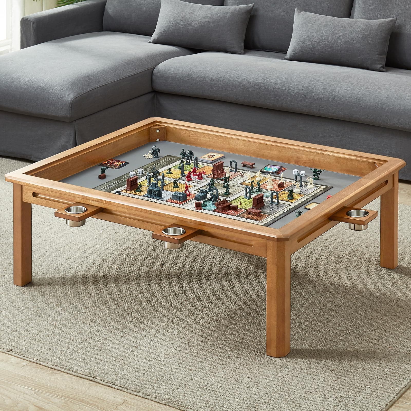 Board Game Coffee Table with Removable Table Top, Seats 4 Players with 3ft-7in x 2ft-9in Play Area, Includes Play Mat and Detachable Cup Holders, Minimal Assembly Required